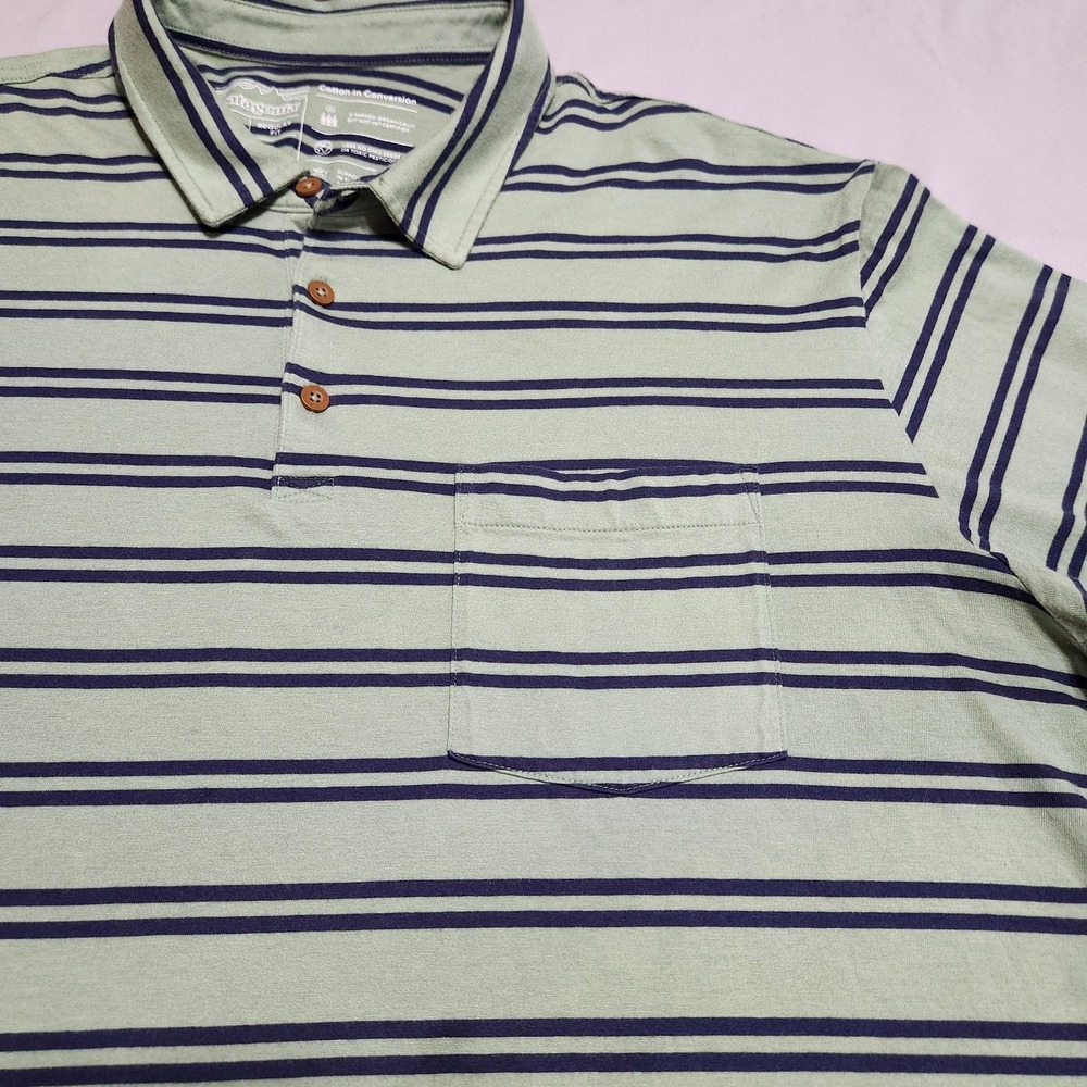 Patagonia Polo Shirt Men XL Green Blue Stripe Organic Cotton Pocket Short Sleeve